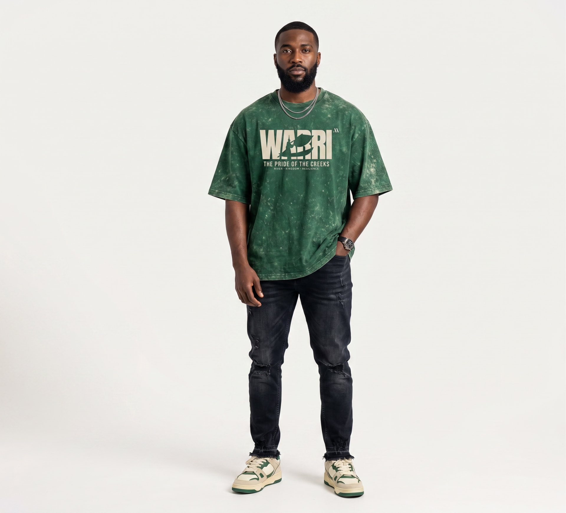 24Modez Heritage Archive, Wáffì (Warri), forest green wash variant, front print detail
